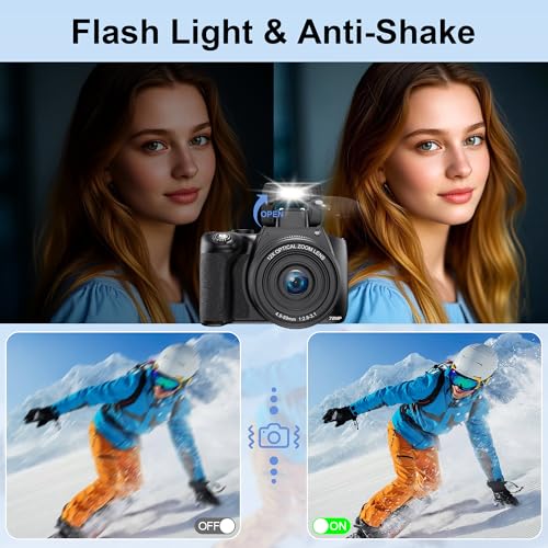 4K Digital Camera with 12X Optical Zoom, 72MP, 270° Flip Screen, 2 Batteries, 32GB SD Card D35687