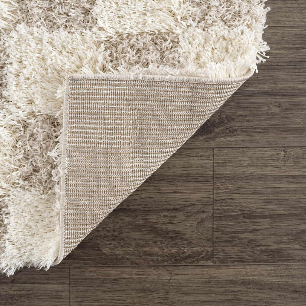 Beige Cream White Checkered Fluffy Shag Area Rug 6'7" x 9'6" K365