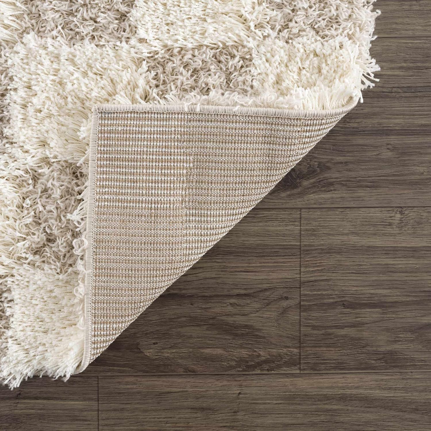 Beige Cream White Checkered Fluffy Shag Area Rug 6'7" x 9'6" K365