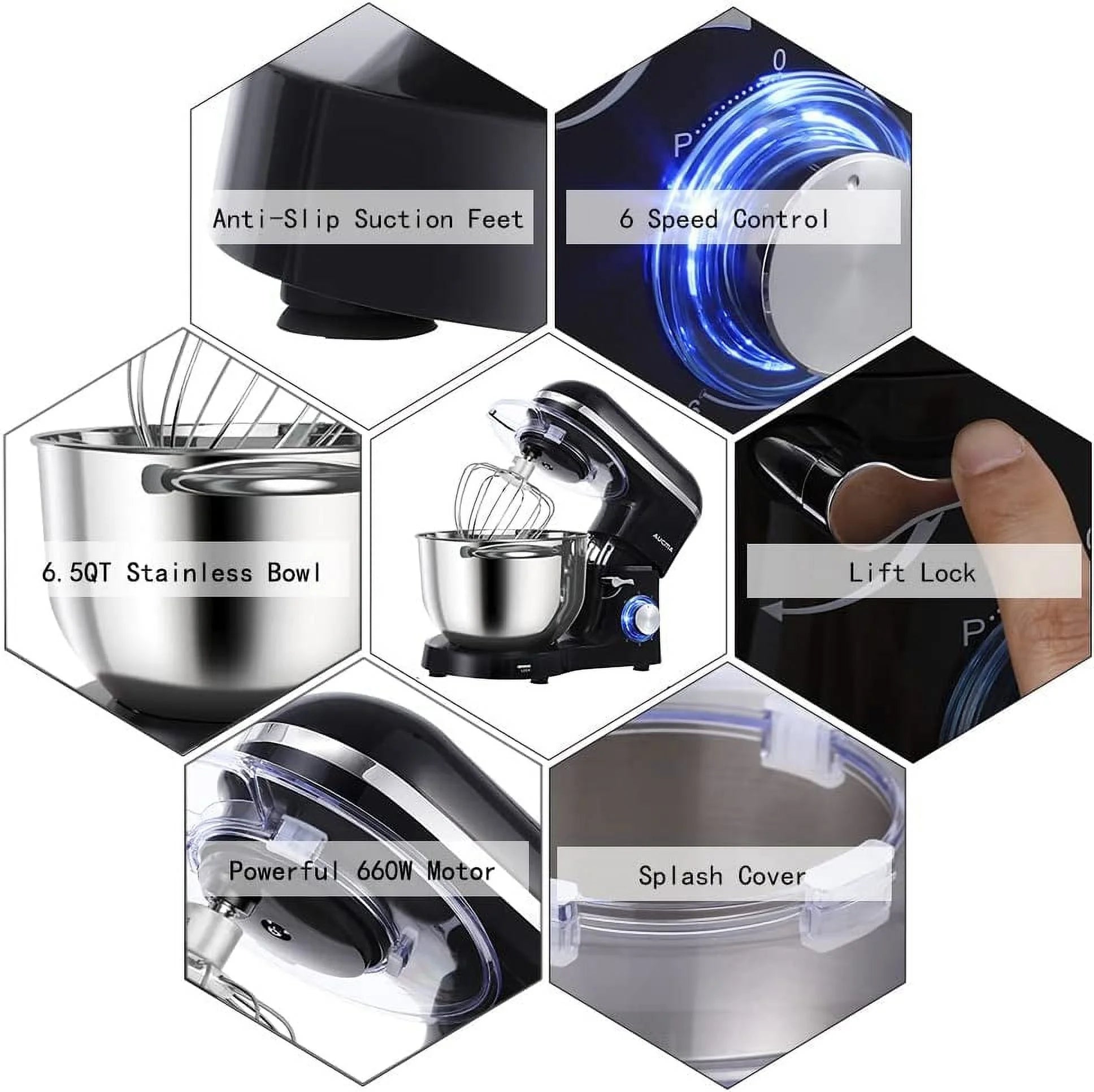 6.5-QT 660W 6-Speed Tilt-Head Stand Mixer with Dough Hook, Wire Whip & Beater Y318