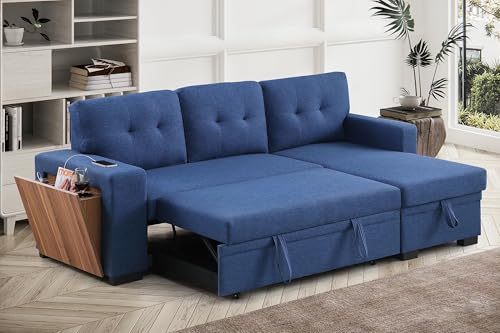 Blue Linen L Shaped Sectional Sofa with Pull Out Bed and Storage Chaise A474041