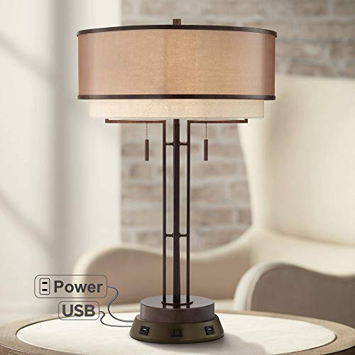 Rustic Industrial Table Lamp with USB and AC Power Outlet 26" High Oil Rubbed Bronze Double Shade B504