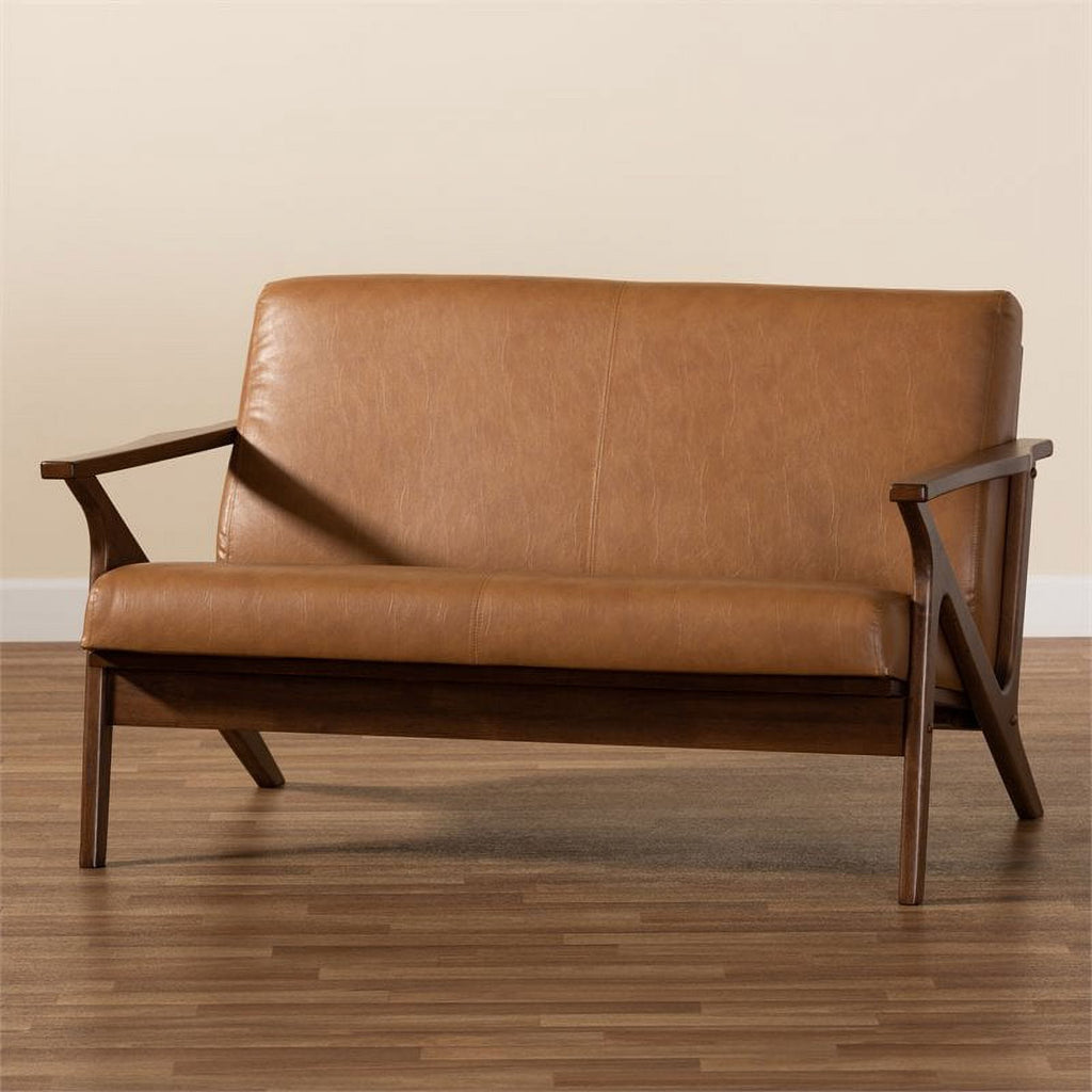 Walnut Brown/Tan Wood Faux Leather Loveseat R7179