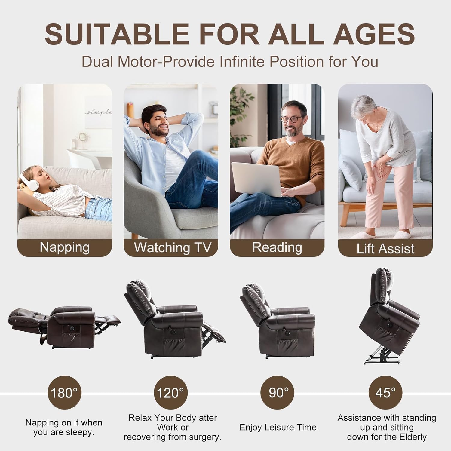 Brown Dual Motor Power Lift Recliner Chair with Massage and Heat Y485576