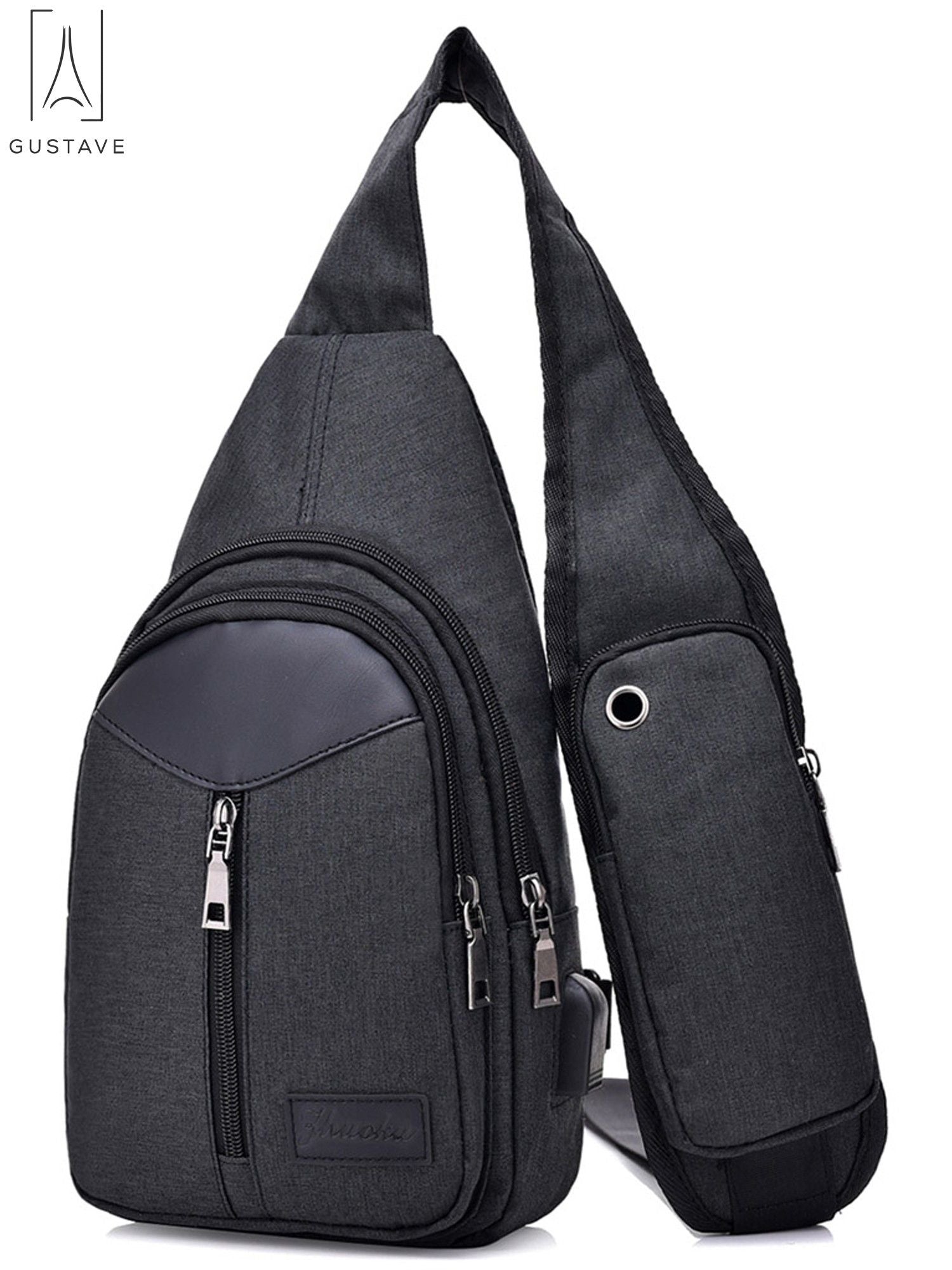 Black Nylon Chest Sling Bag with USB Charge Port T502678
