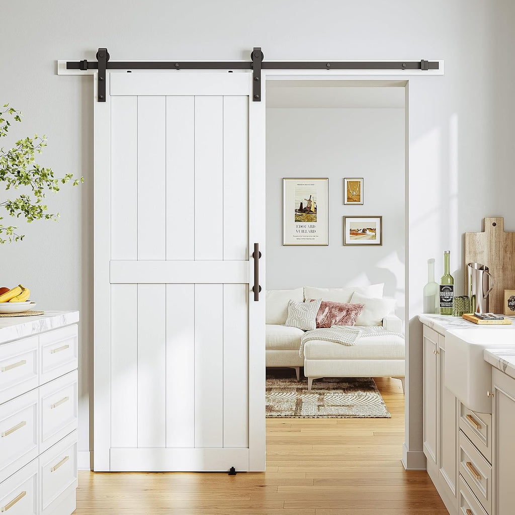 White Sliding MDF Barn Door with Black Sliding Door Hardware Kit Q7512