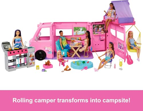 Dream Camper Playset with Roof Tent, Swing Chair, Fishing Pond, BBQ Grill & 60+ Accessories E858