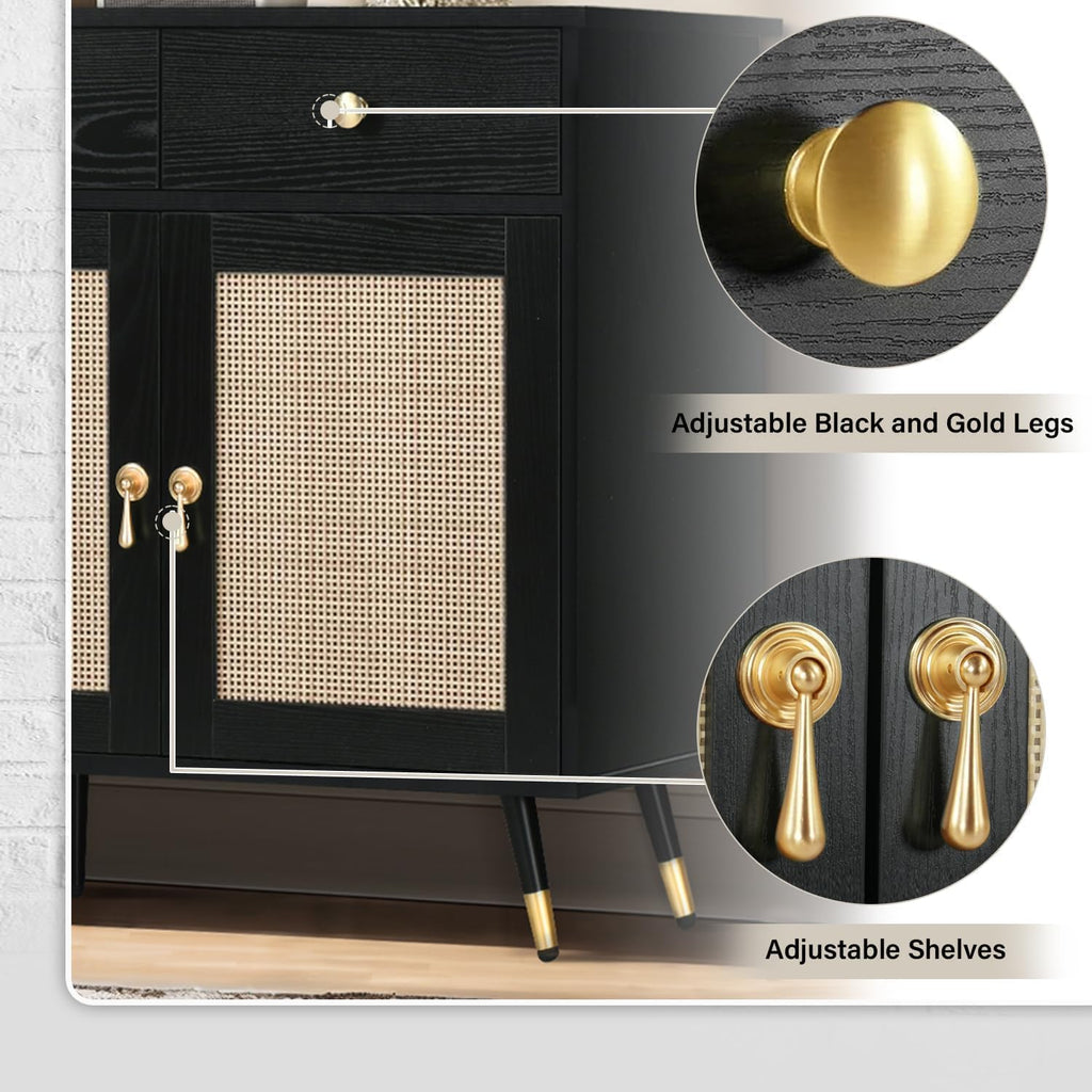 Black Sideboard Storage Cabinet with 4 Rattan Doors and 2 Drawers G3589