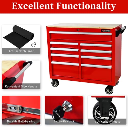 Black 9-Drawer Rolling Tool Chest with Wood Top Q91470