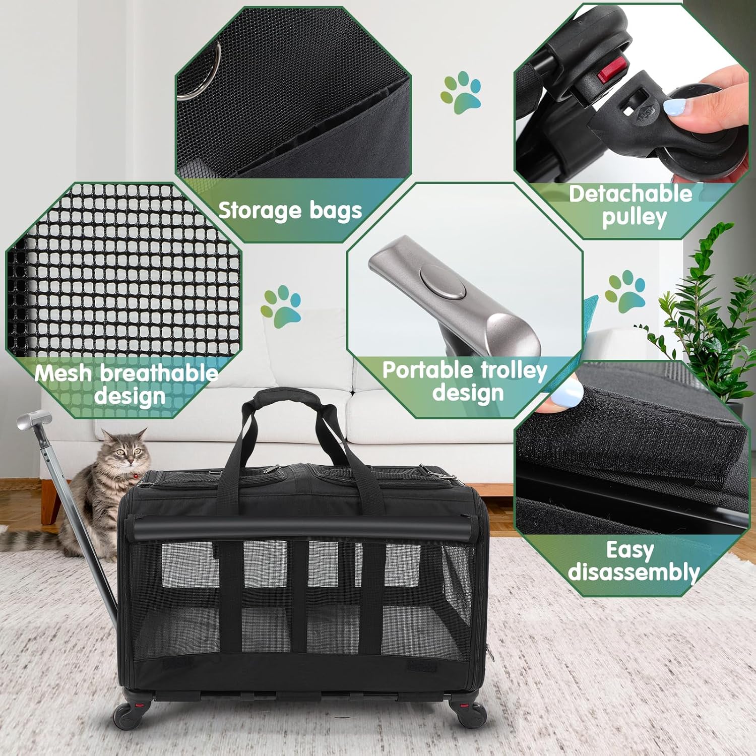 Black Large Rolling Double Compartment Pet Carrier with Wheels X70016