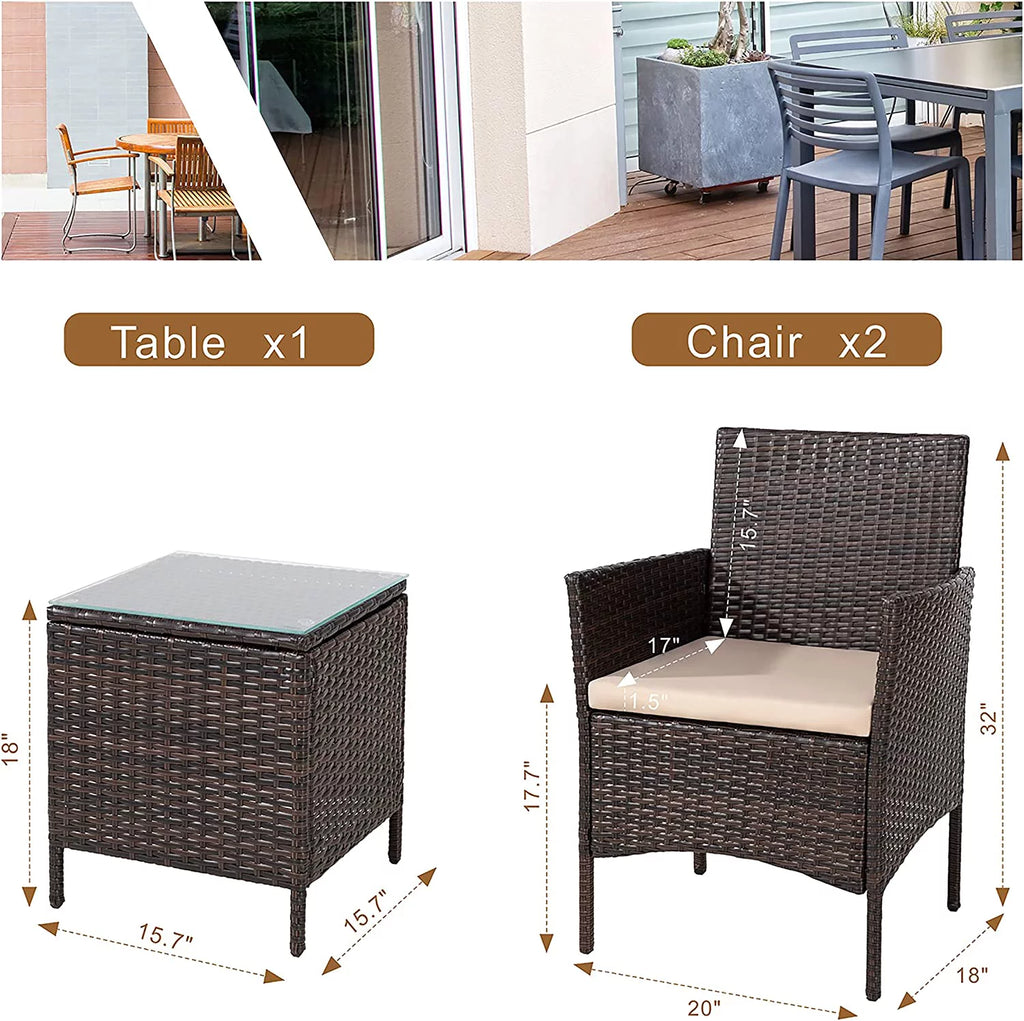 3 Pieces Outdoor Patio Furniture Set with Cushions and Coffee Table Brown C379