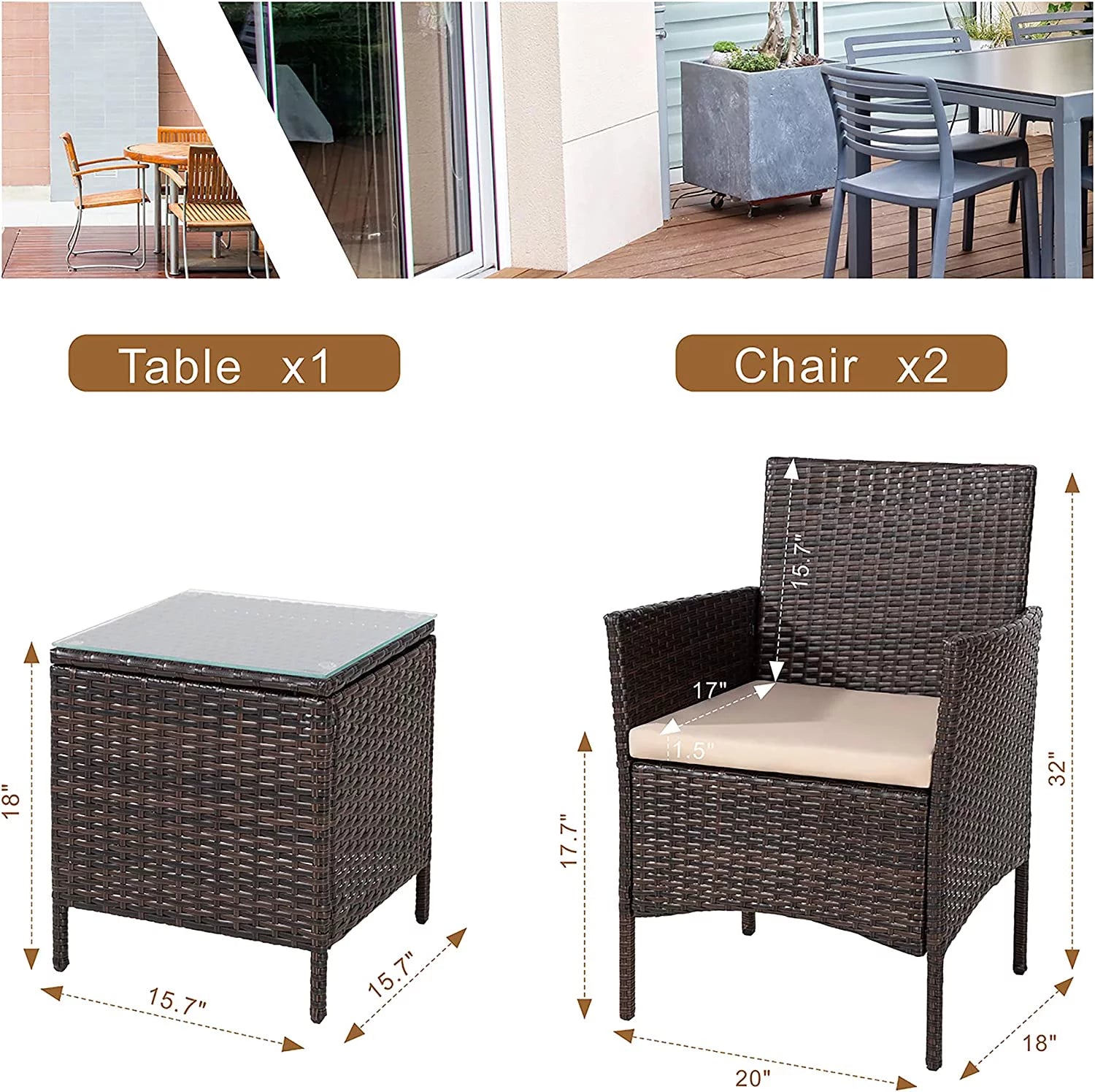 3 Pieces Outdoor Patio Furniture Set with Cushions and Coffee Table Brown C379