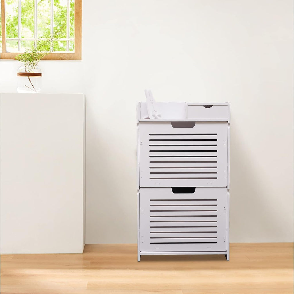 White Wood Look 2 Flip Drawers Freestanding Shoe Storage Cabinet O670