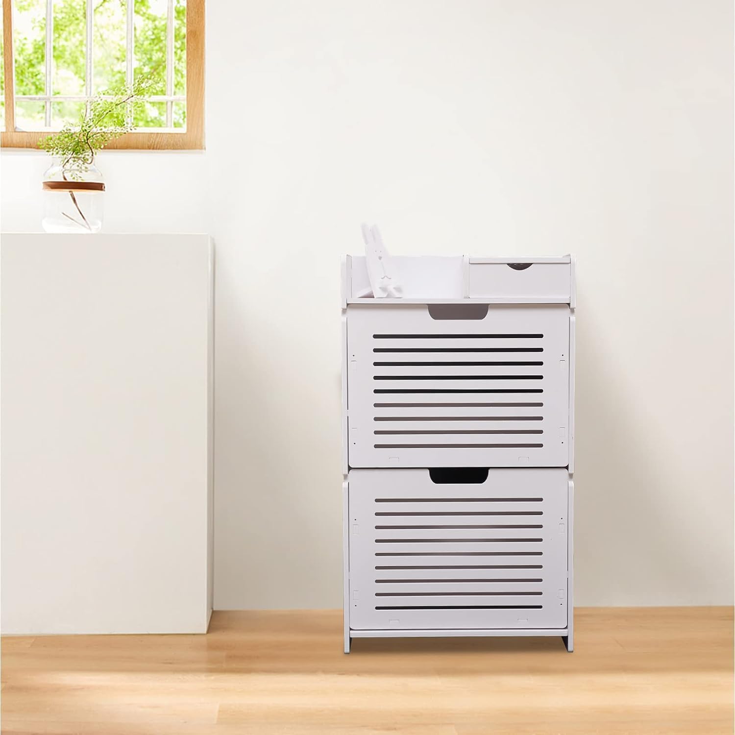 White Wood Look 2 Flip Drawers Freestanding Shoe Storage Cabinet O670