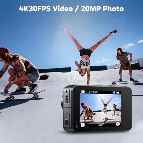 4K30FPS 20MP WiFi Action Camera with Touch Screen EIS 2.0 Zoom Remote Control 131 Feet Underwater Camera with 2X 1350mAh Batteries C689
