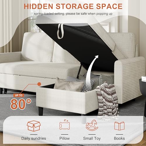 Beige Corduroy L-Shaped Sleeper Sofa with Storage J29785
