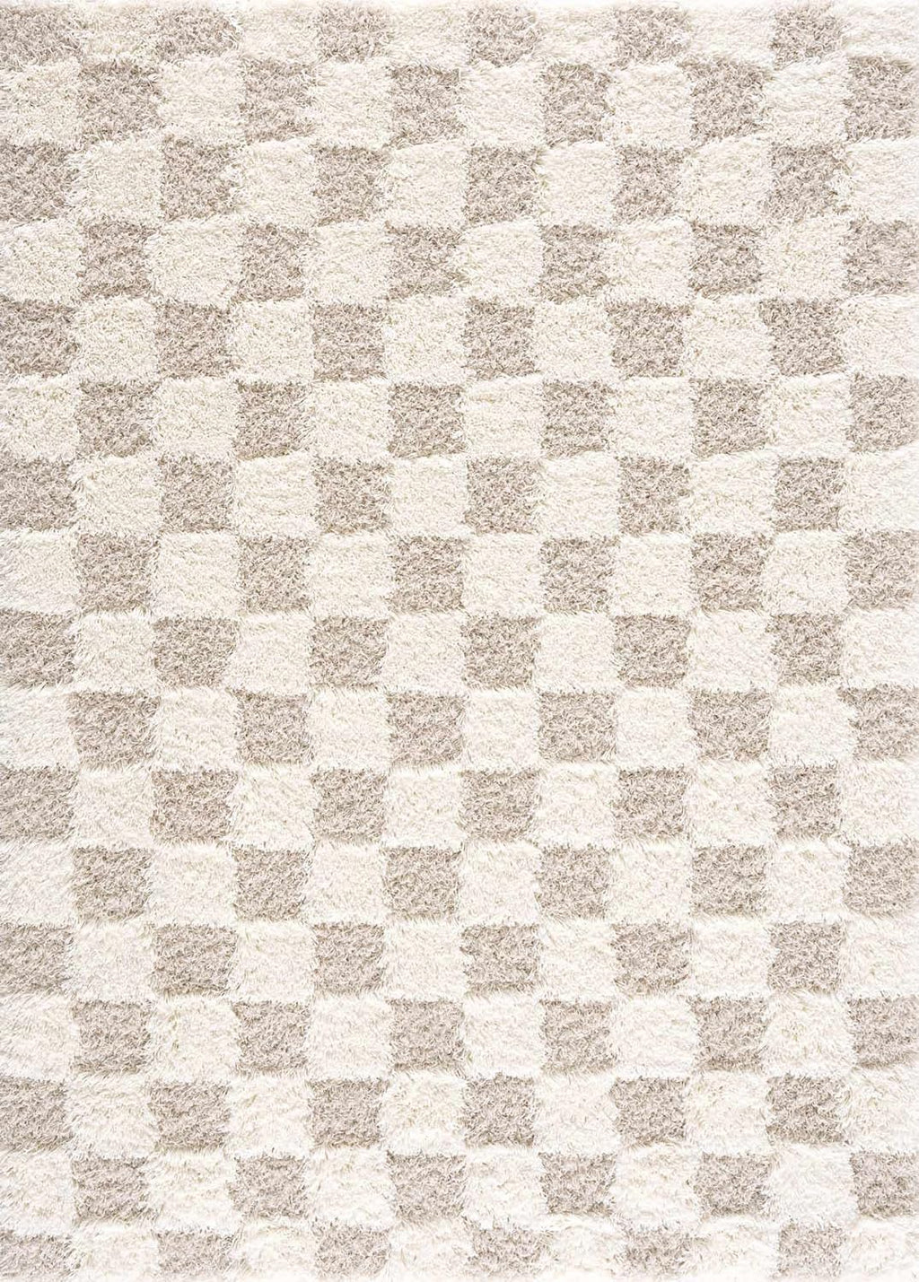 Beige Cream White Checkered Fluffy Shag Area Rug 6'7" x 9'6" K365
