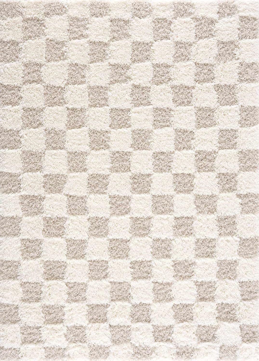Beige Cream White Checkered Fluffy Shag Area Rug 6'7" x 9'6" K365