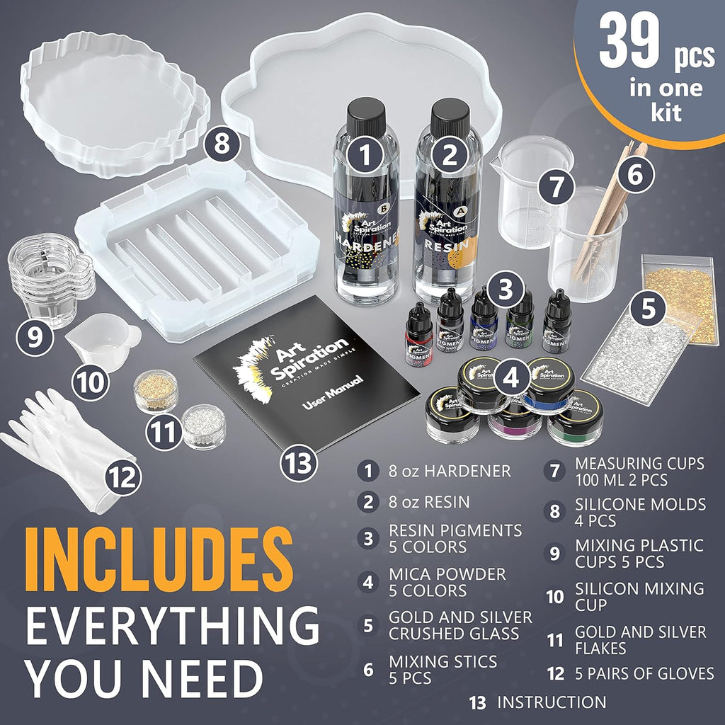 16 Oz Epoxy Resin Kit with Mica Powder, Silicone Molds, Crushed Glass E80753