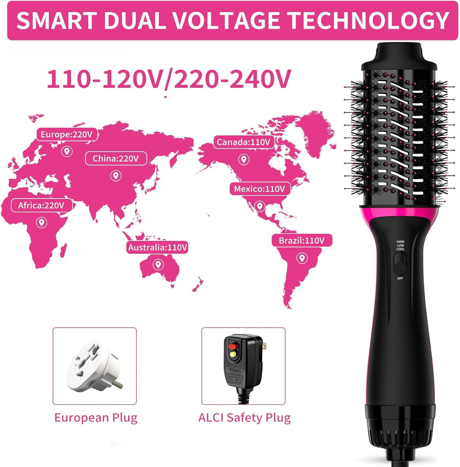 Dual Voltage Hair Dryer Brush with European Plug 110V-120V/220V-240V B7700