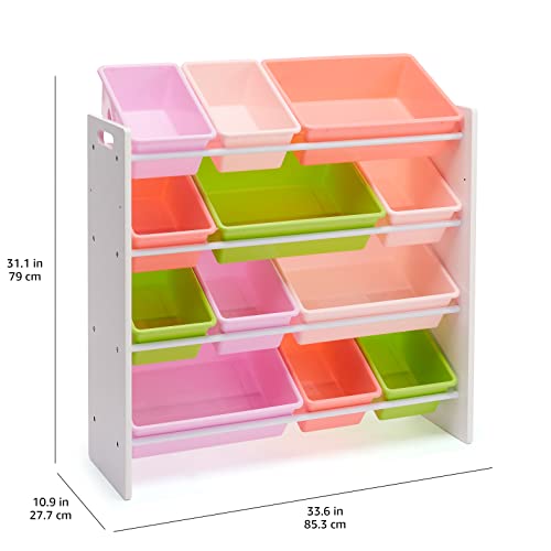 White Wood Kids Toy Storage Organizer with 12 Plastic Pink Bins E89362