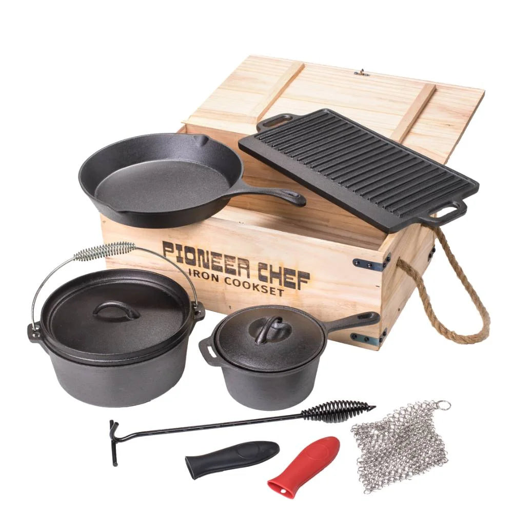 Campfire Cookware Set, Cast Iron Stew Pot, Skillet, Dutch Oven with Rack and Lid Lifter, Reversible Grill and Scrubbers E3877