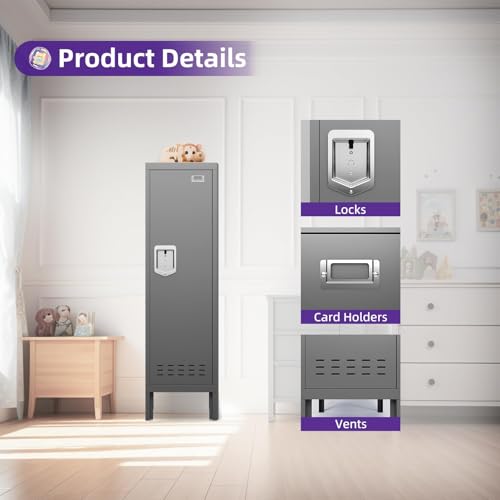 Metal Locker with 5 Doors, 66'' Steel Storage Cabinet with Hooks, Card Slots T767075