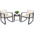 3 Piece Wicker Patio Rocking Bistro Set with Glass Coffee Table (Beige) V865