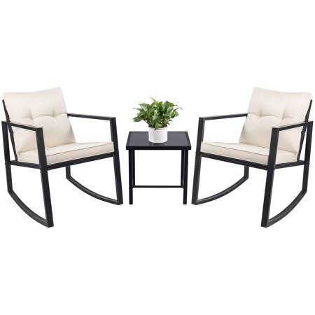 3 Piece Wicker Patio Rocking Bistro Set with Glass Coffee Table (Beige) V865