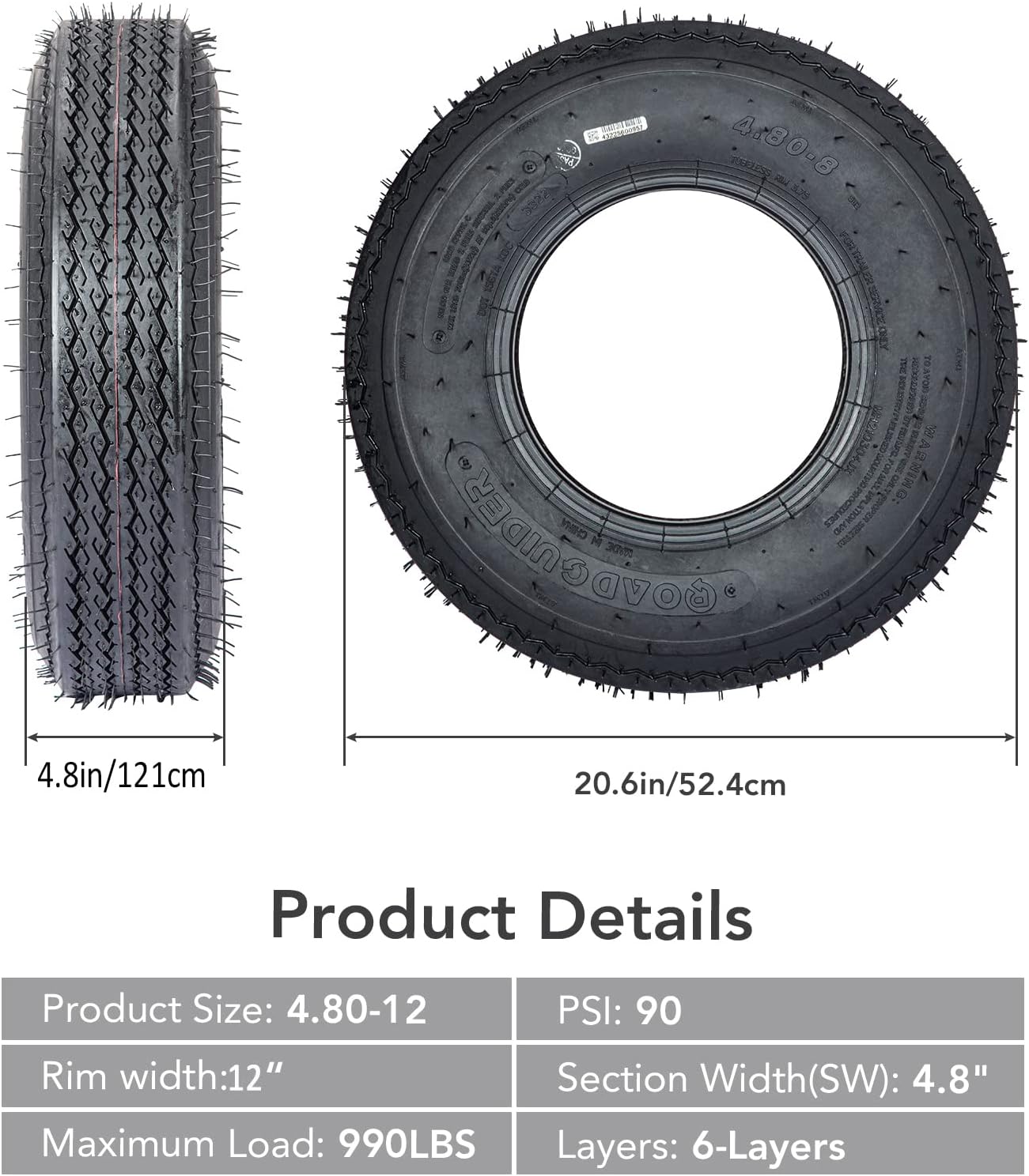 4.80-12 Trailer Tires, Load Range C, 6PR N103