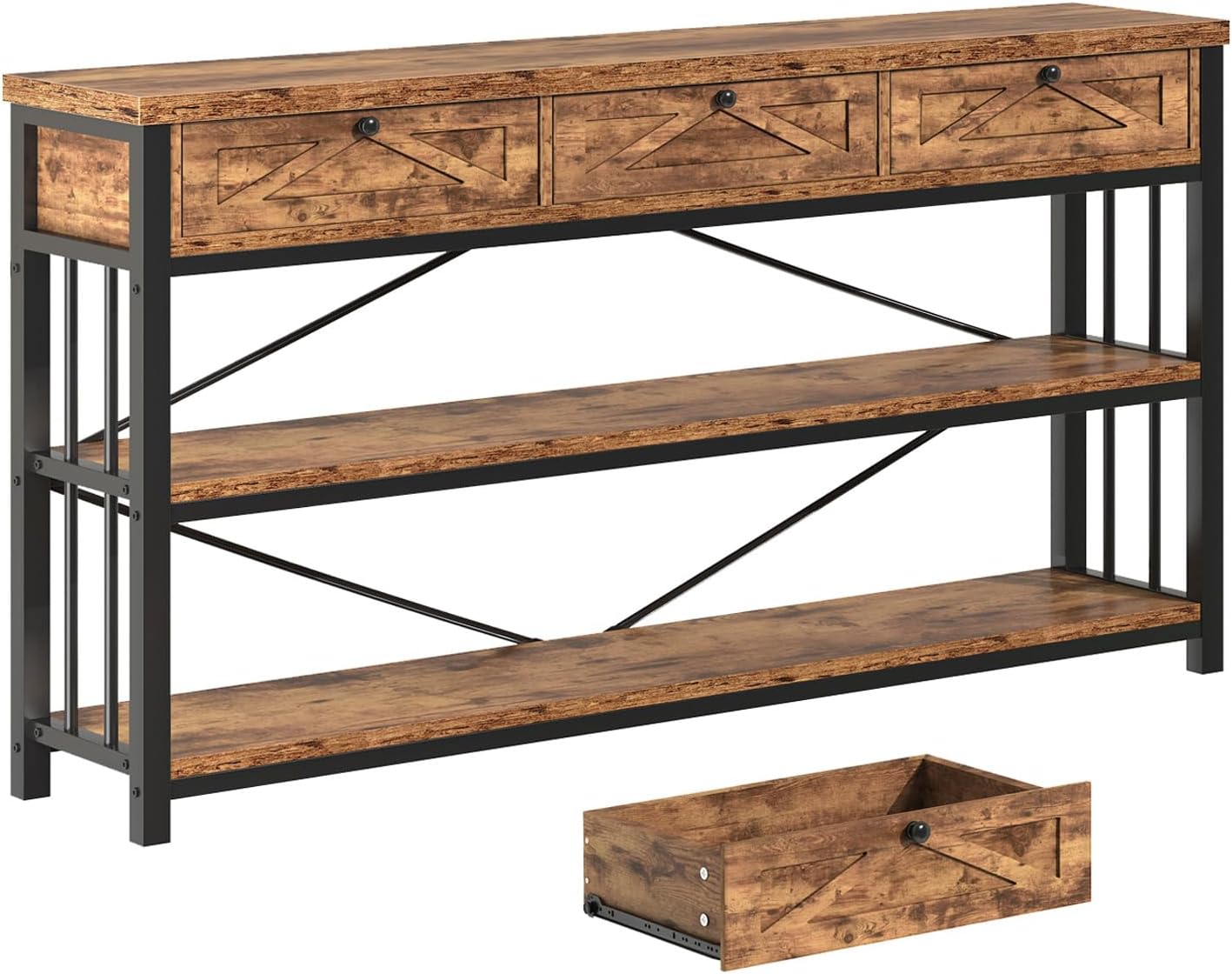 Rustic Brown 55 inch Wood Metal 3 Drawer Console Table K962