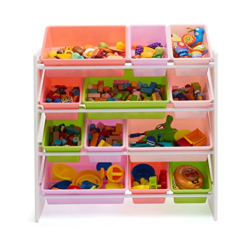 White Wood Kids Toy Storage Organizer with 12 Plastic Pink Bins E89362