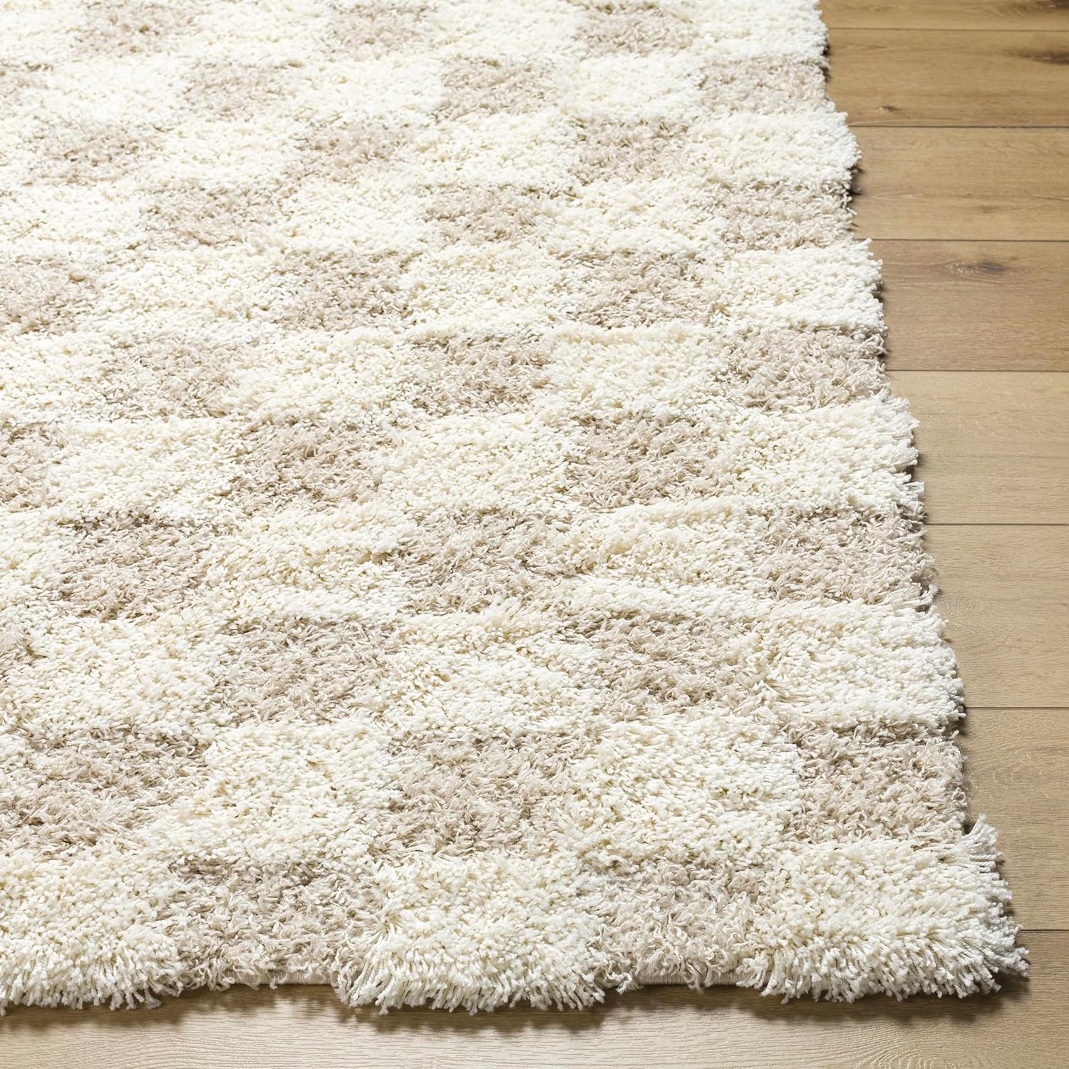 Beige Cream White Checkered Fluffy Shag Area Rug 6'7" x 9'6" K365