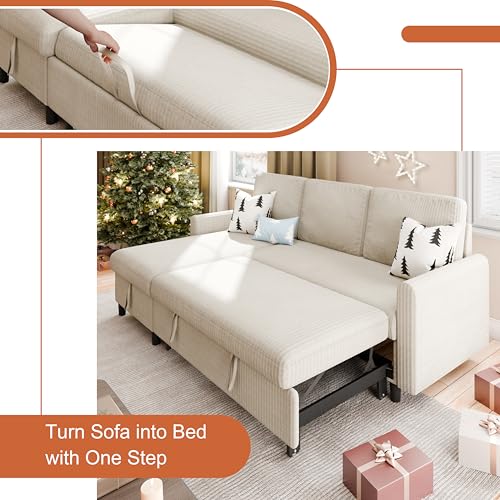 Beige Corduroy L-Shaped Sleeper Sofa with Storage J29785