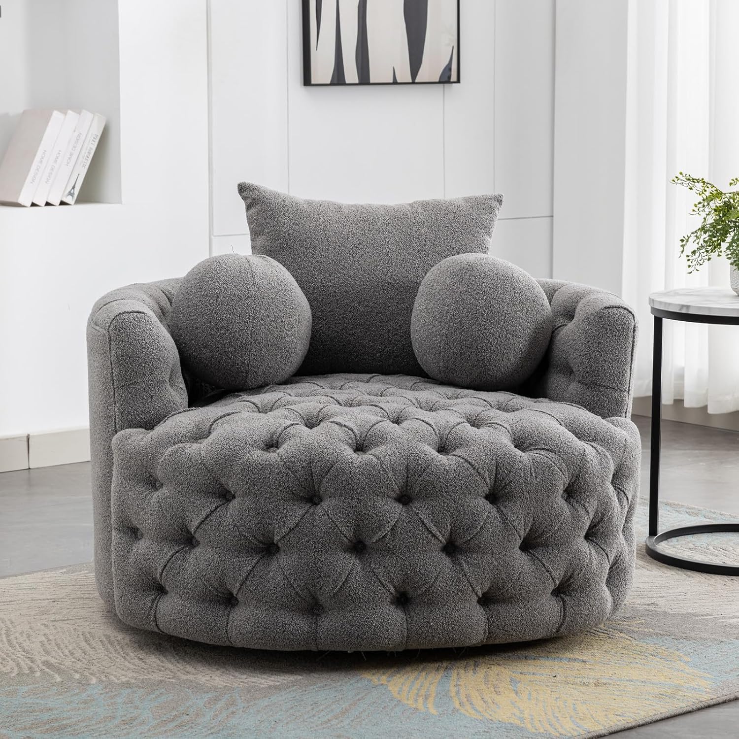 Oversized Chenille Tufted Accent Barrel Chair with 3 Pillows B563569
