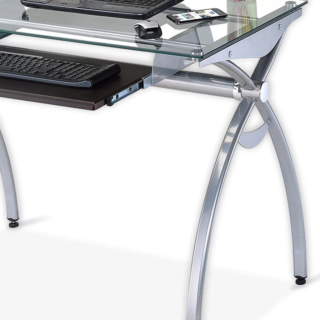 Glass Top Computer Desk with Keyboard Tray & Silver Legs H246