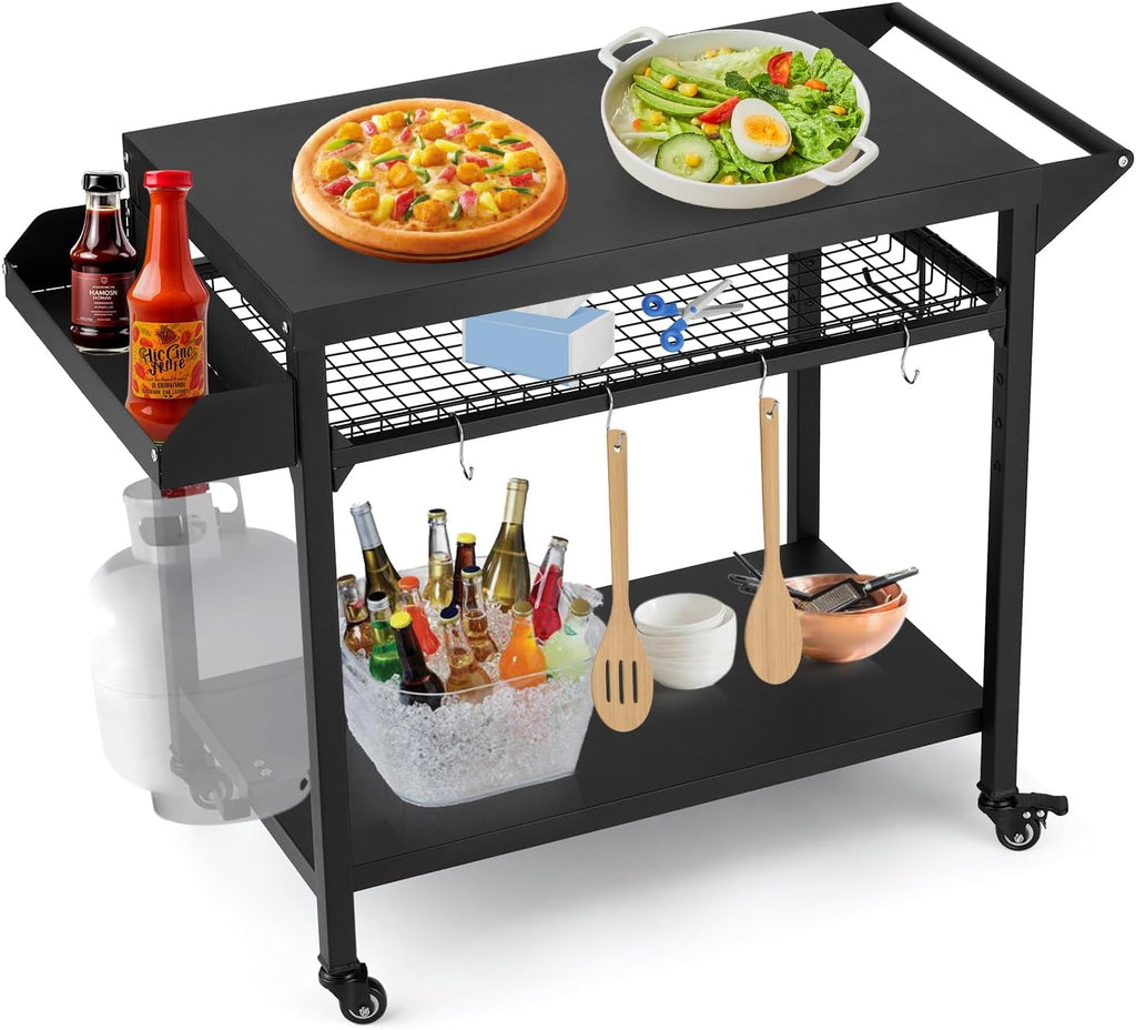 Black Outdoor Grill Cart with Mesh Racks H640