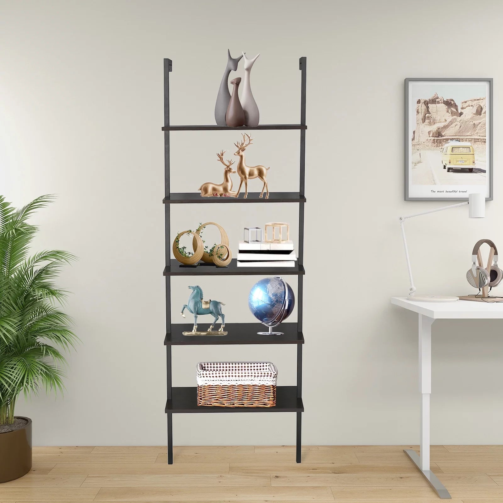 Dark Walnut 5-Shelf Wood Ladder Bookcase with Metal Frame T763088