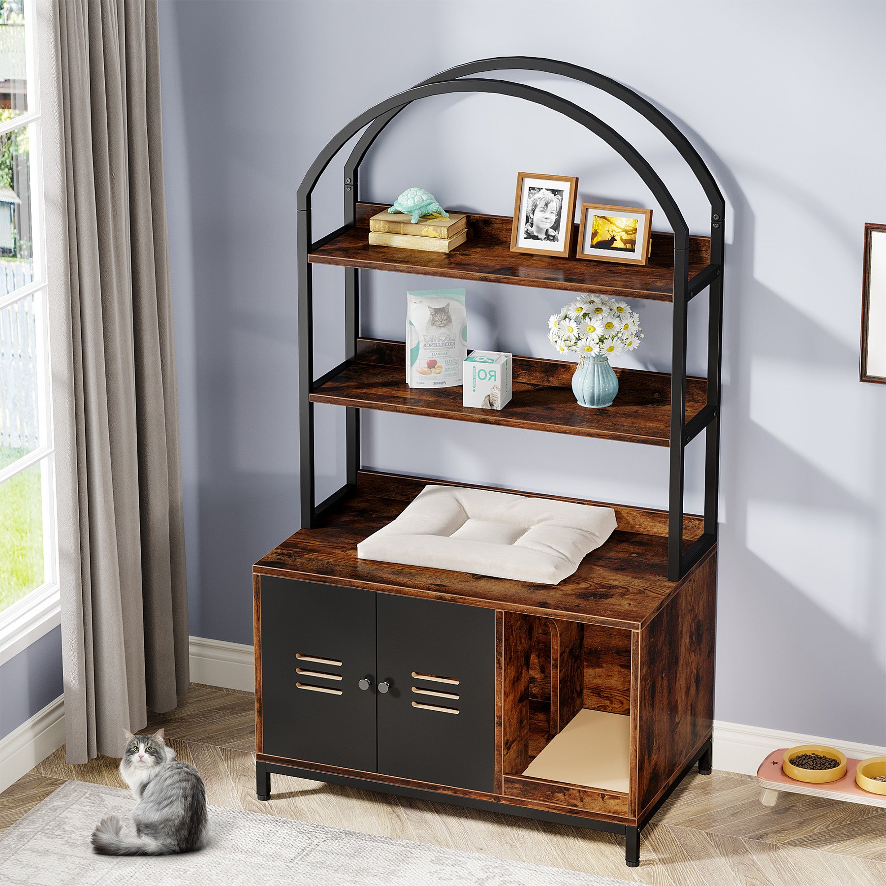 Cat Litter Box Enclosure Furniture with Shelves and Doors X35575