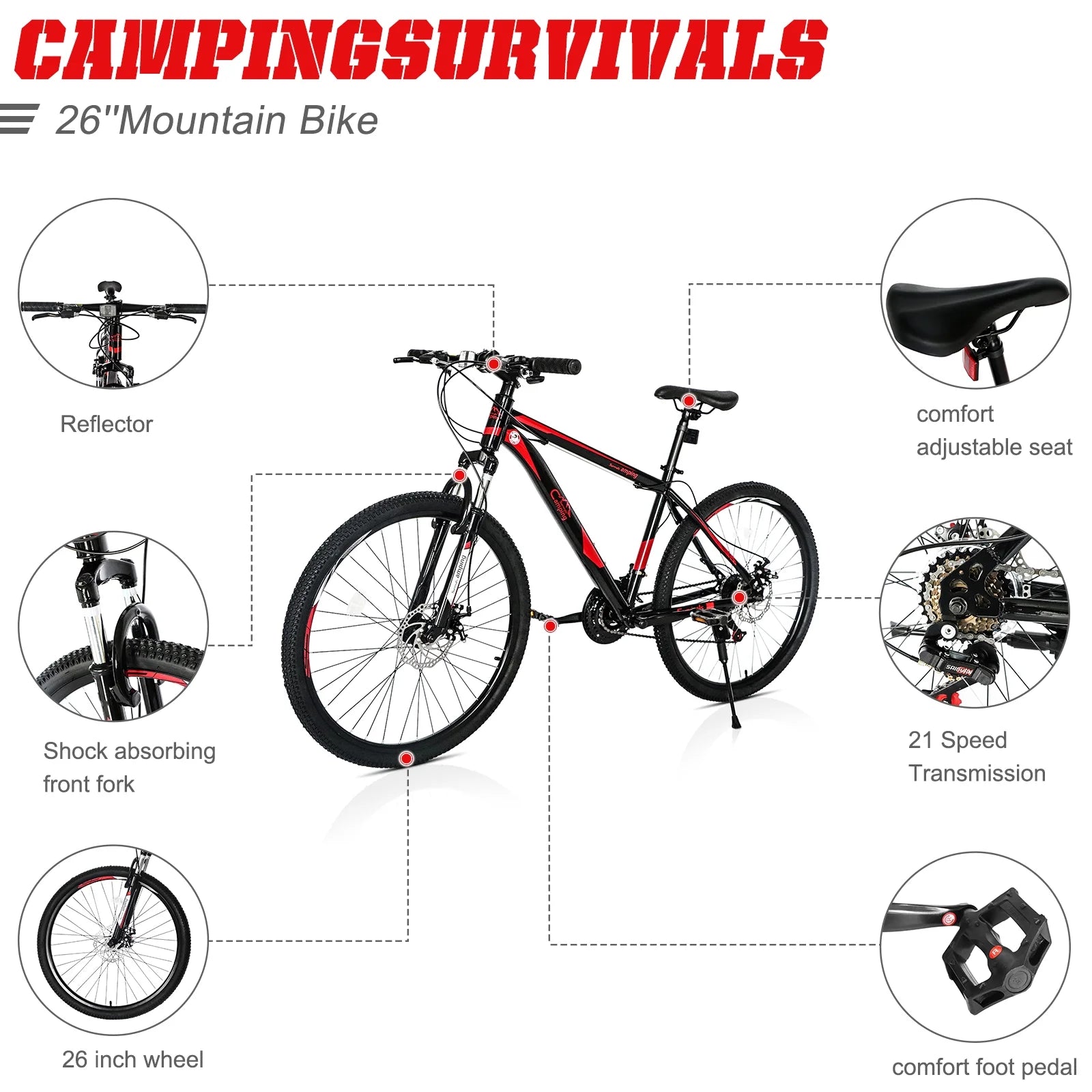 21 Speed 26" Wheel Steel Frame Mountain Bike, Black/Red G83002