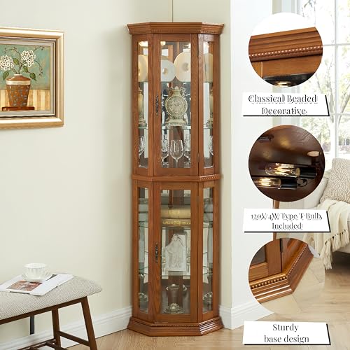Lighted Corner Curio Display Cabinet with Adjustable Shelves & Mirrored Back H96391