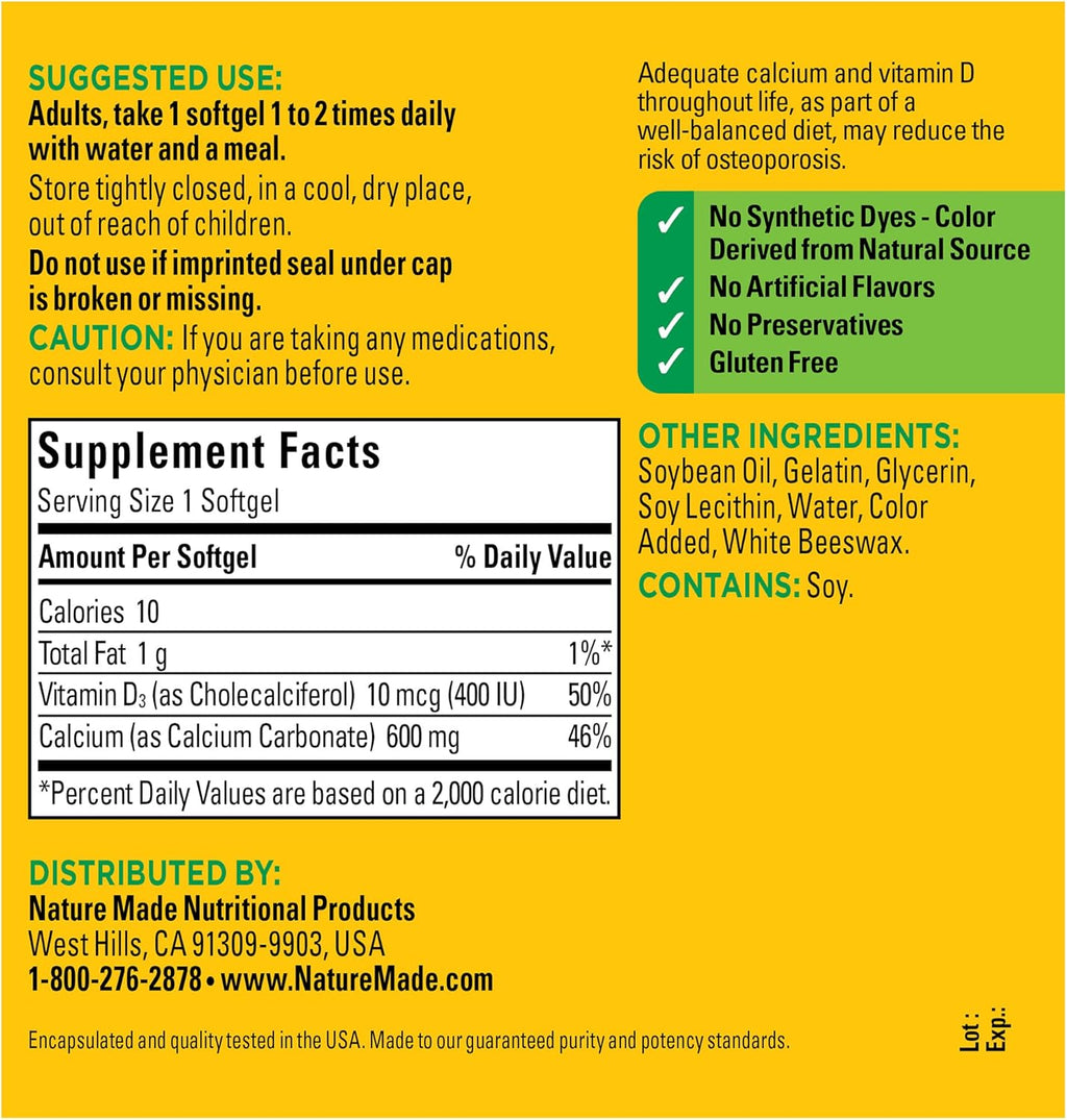 Calcium 600 mg with Vitamin D3 Dietary Supplement 100 Softgels U676472