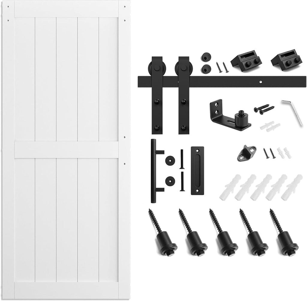 White Sliding MDF Barn Door with Black Sliding Door Hardware Kit Q7512