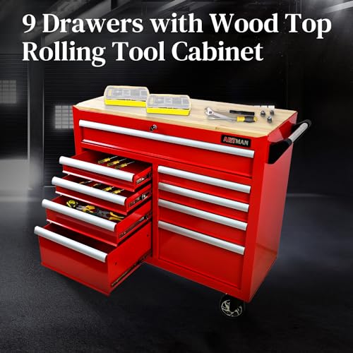 Black 9-Drawer Rolling Tool Chest with Wood Top Q91470
