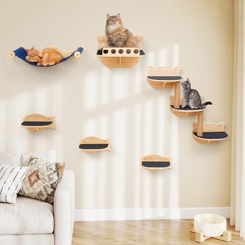 Cat Wall Shelves Set with Hammock Perches Sisal Scratching Post O240078