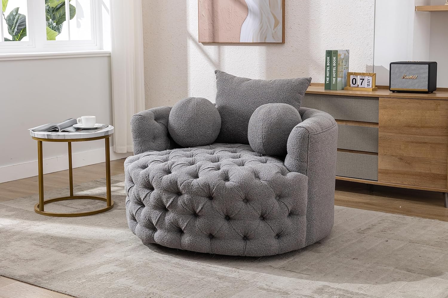 Oversized Chenille Tufted Accent Barrel Chair with 3 Pillows B563569