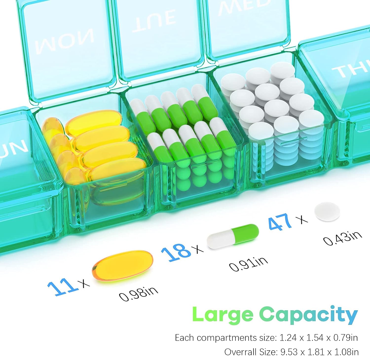 Blue+Green Extra Large Pill Organizer 2 Pack 7 Day Weekly Pill Case A40572