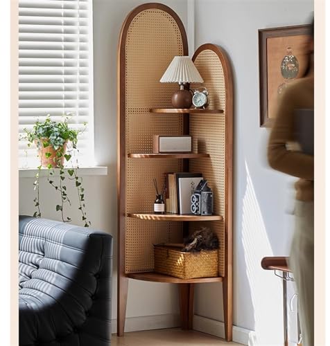 4 Tier Wooden Corner Shelf with Rattan Weaving I595