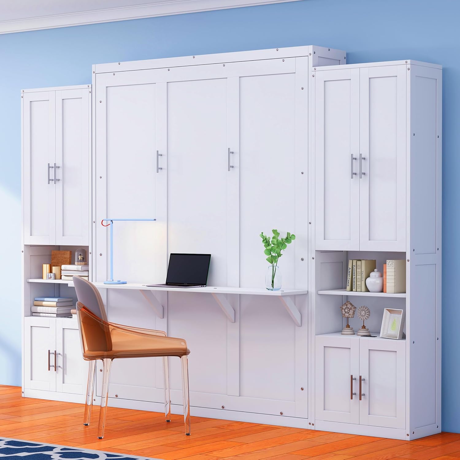 White Full Size Wooden Murphy Bed with Desk and Side Cabinet Storage Shelf G7963