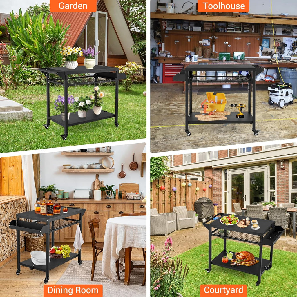 Black Outdoor Grill Cart with Mesh Racks H640